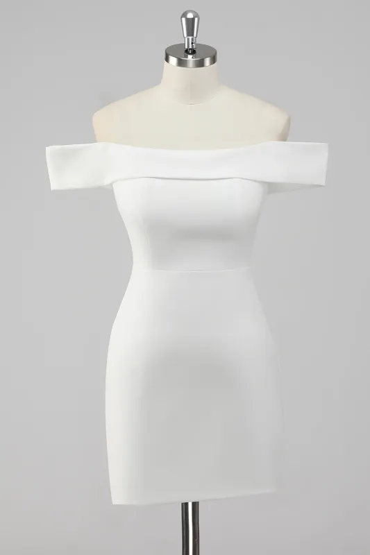 Simple Sheath Off the Shoulder Satin Short White Graduation Dress made by Wedtrend