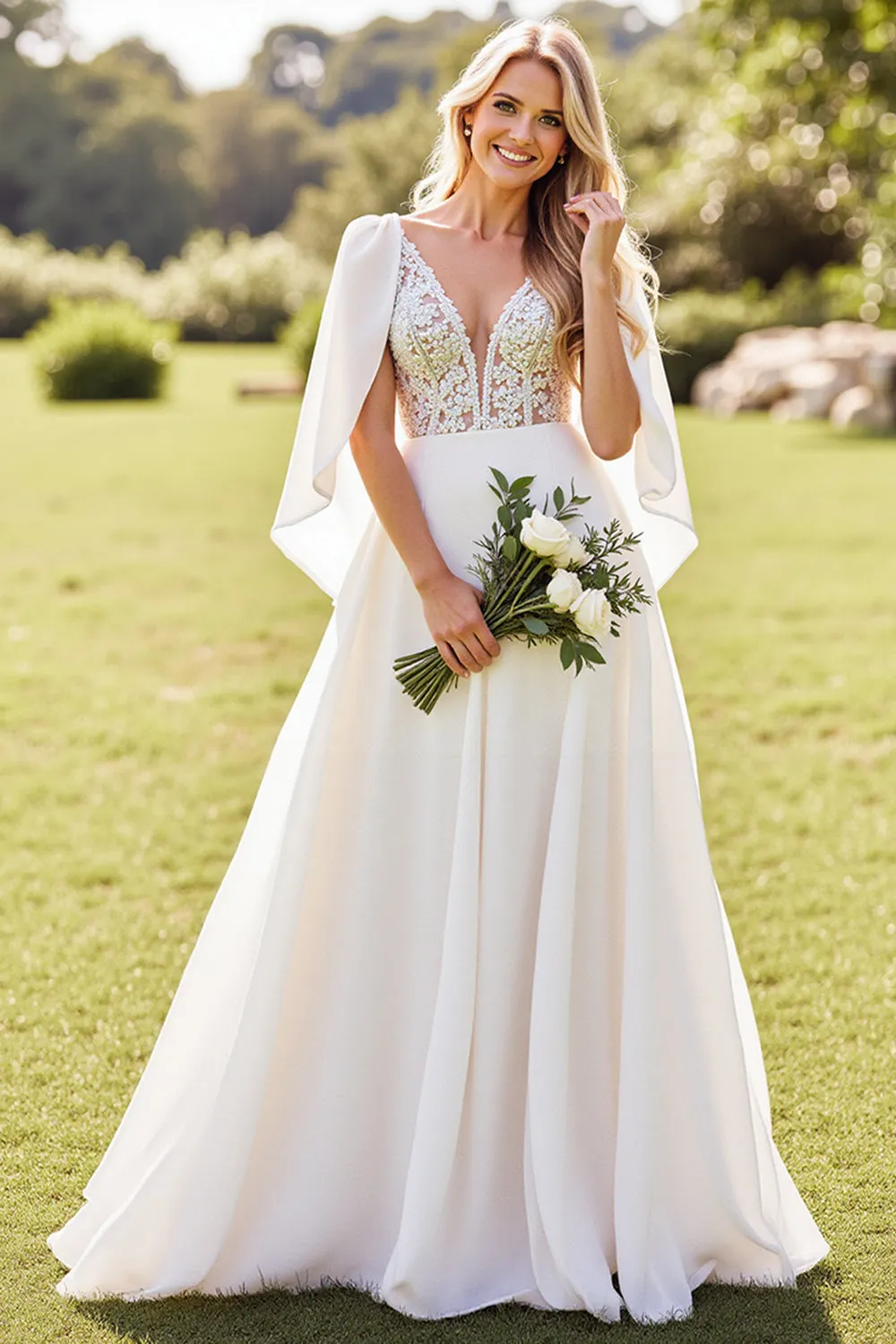 Ivory A Line V-Neck Cape Chiffon Lace Wedding Dress sold by Wedtrend