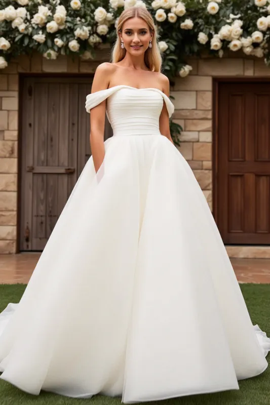 Ivory Off The Shoulder Satin Long Wedding Dress made by Wedtrend