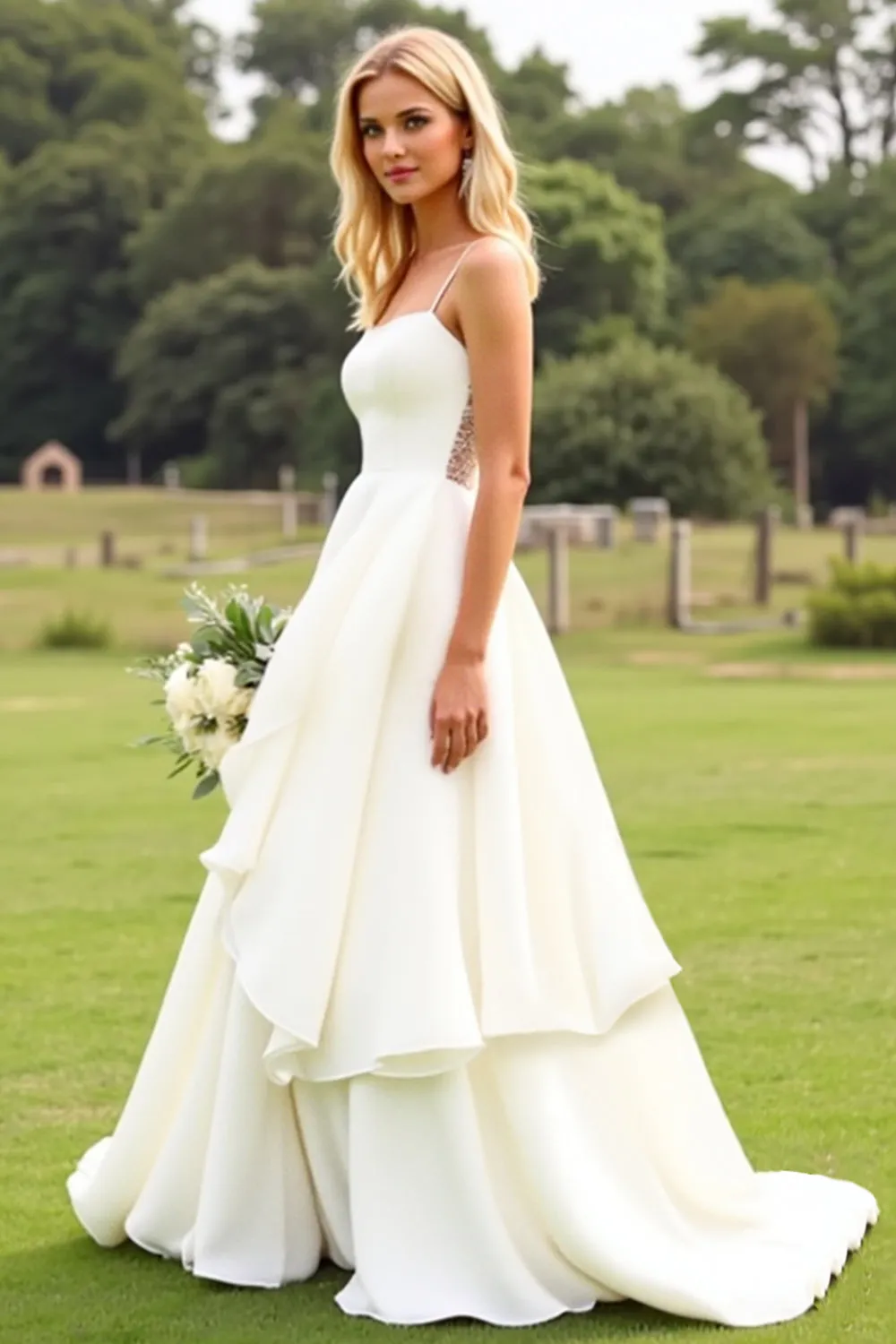 Ivory Ruffle Chiffon A Line Long Wedding Dress sold by Wedtrend product image thumbnail 3