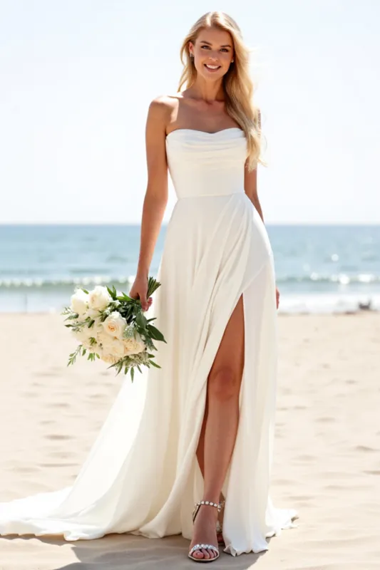 Ivory A Line Strapless Long Wedding Dress With Slit made by Wedtrend