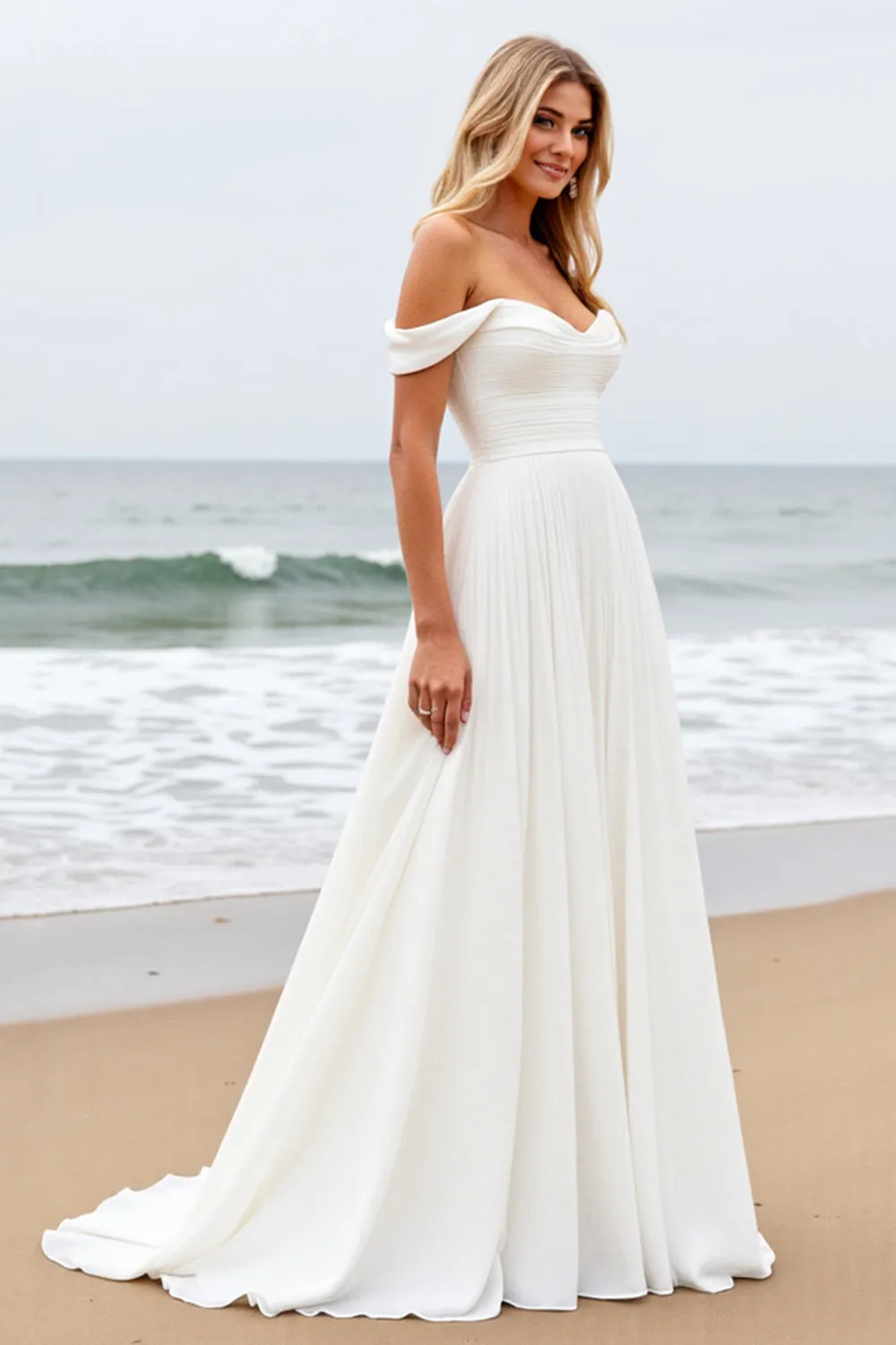 Simple Off The Shoulder Chiffon Ivory Wedding Dress sold by Wedtrend product image thumbnail 2