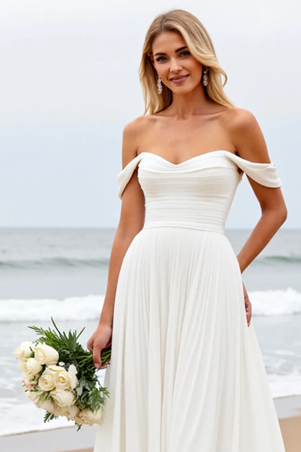 Simple Off The Shoulder Chiffon Ivory Wedding Dress sold by Wedtrend product image thumbnail 5