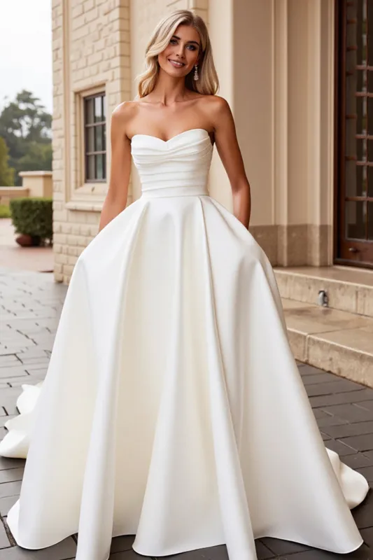Strapless Ivory A Line Pleated Wedding Dress sold by Wedtrend
