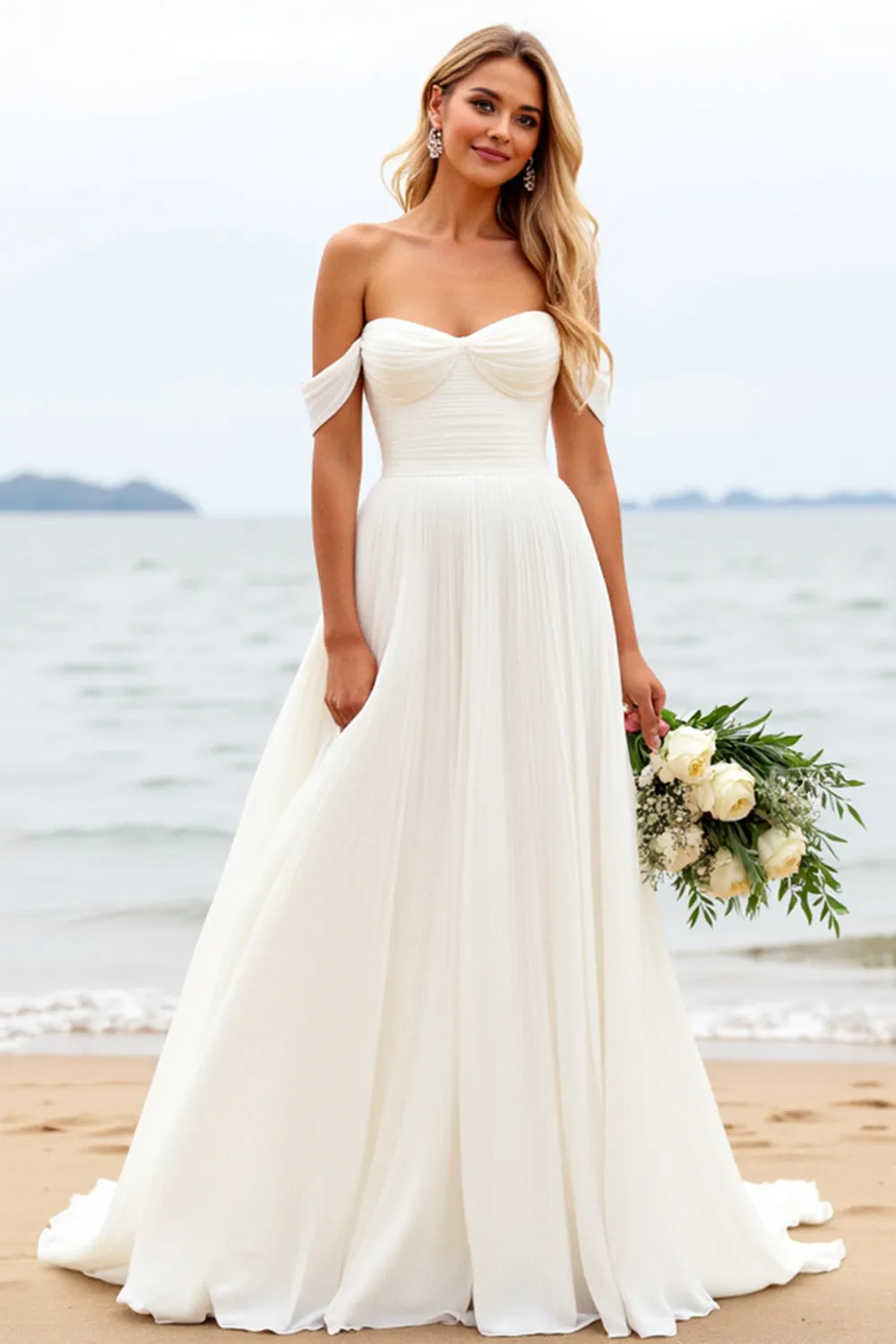Ivory A Line Off The Shoulder Long Wedding Dress With Slit sold by Wedtrend product image thumbnail 3