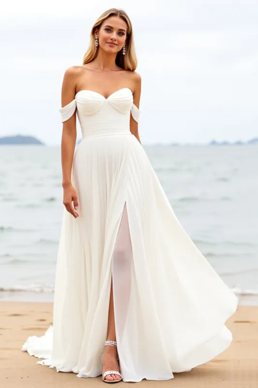 Ivory A Line Off The Shoulder Long Wedding Dress With Slit sold by Wedtrend