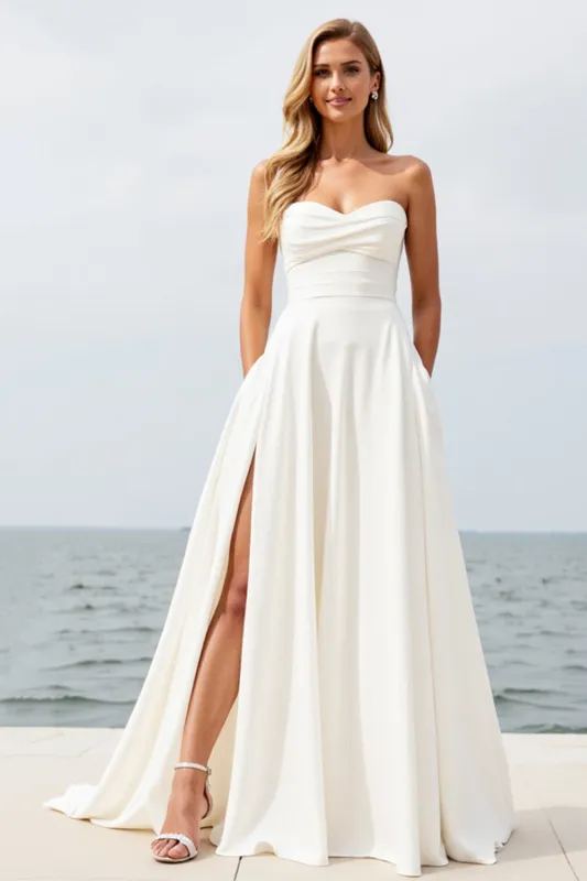 Ivory Strapless A Line Wedding Dress with Slit sold by Wedtrend