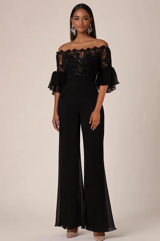Black Off the Shoulder Half Sleeves Chiffon Long Jumpsuits made by Wedtrend