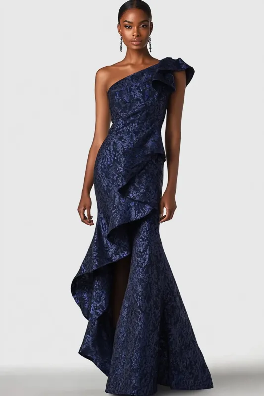 Navy One Shoulder Ruffled Mermaid Formal Dress sold by Wedtrend