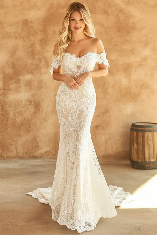 White Mermaid Off the Shoulder Lace Long Wedding Dress sold by Wedtrend