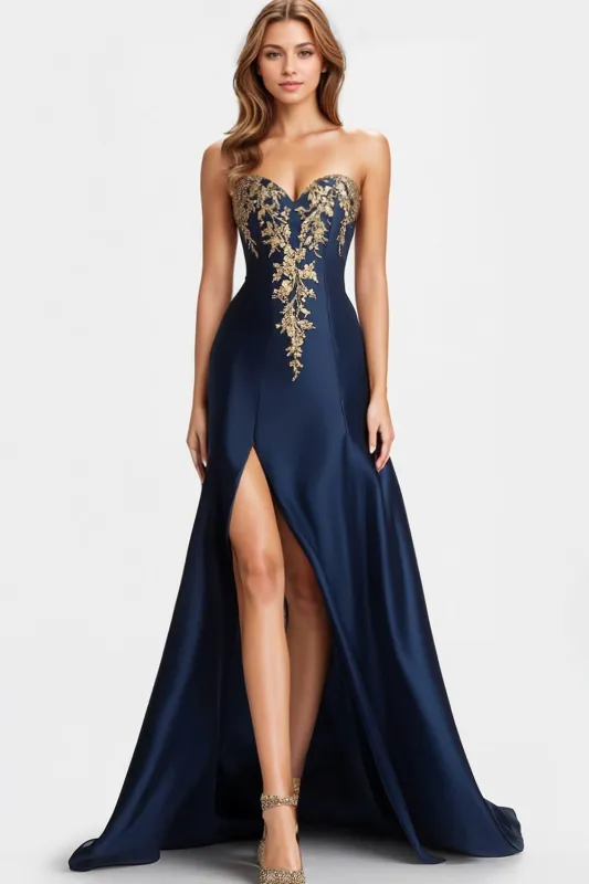 Beaded Navy Blue A Line Sweetheart Satin Sparkly Formal Dress with Slit made by Wedtrend
