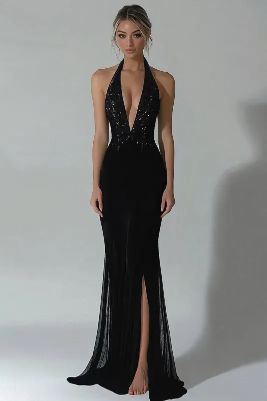Black Halter Mermaid Formal Dress with Slit sold by Wedtrend
