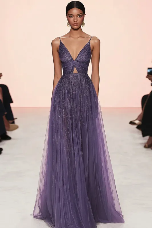 Grey Purple A Line Pleated V Neck Tulle Gala Dress made by Wedtrend
