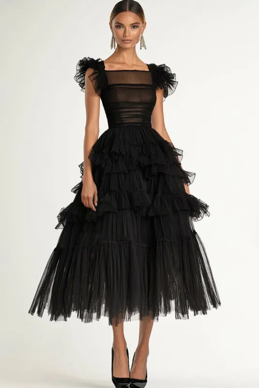 Black A-Line Flatter Sleeves Tiered Tulle Formal Dress with Ruffles sold by Wedtrend