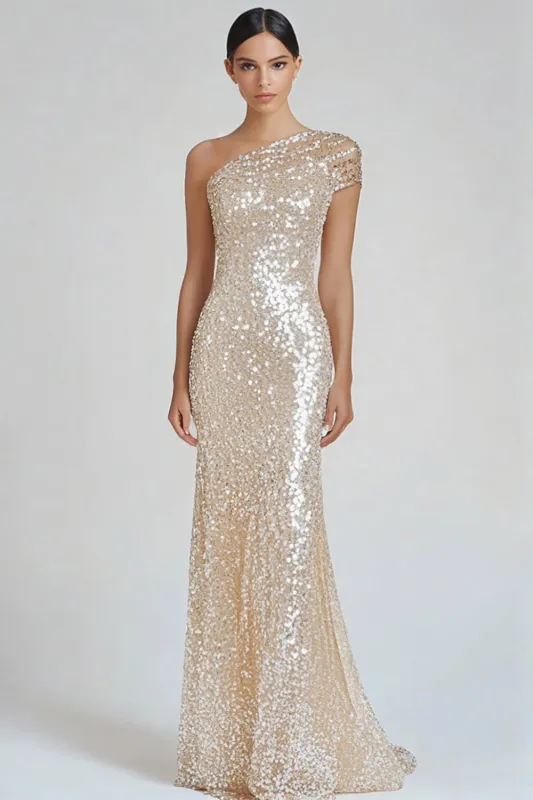 Sparkly Champagne Mermaid One Shoulder Formal Dress with Sequins made by Wedtrend