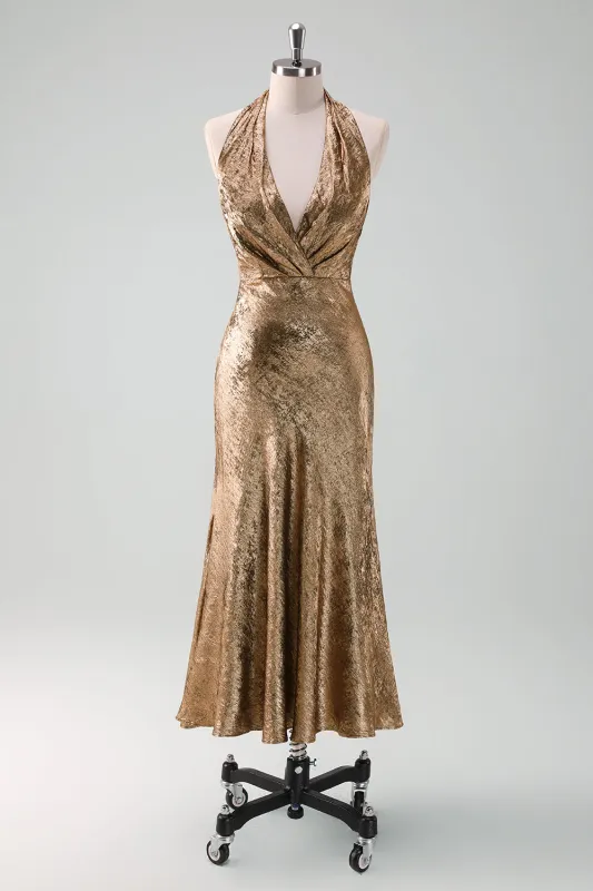 Golden Mermaid Halter Neck Midi Cocktail Dress made by Wedtrend