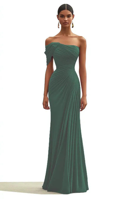 Mermaid Dark Green One Shoulder Pleated Long Formal Dress made by Wedtrend