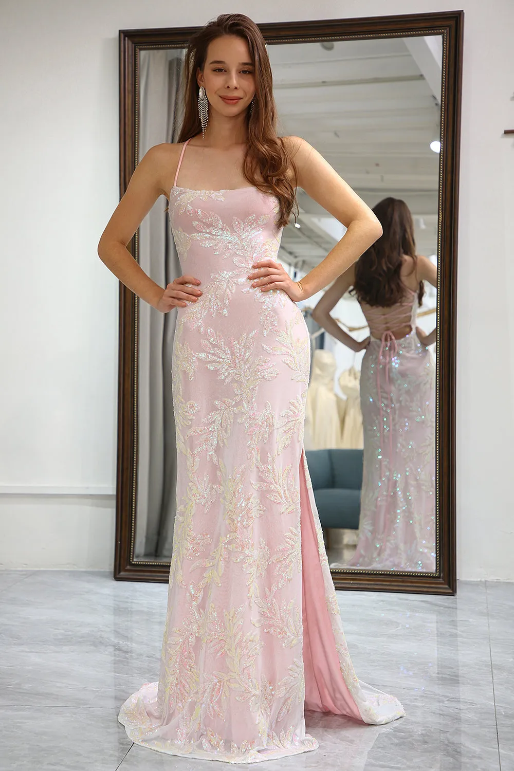 Sparkly Pink Mermaid Spaghetti Straps Long Prom Dress with Slit sold by Wedtrend product image thumbnail 4