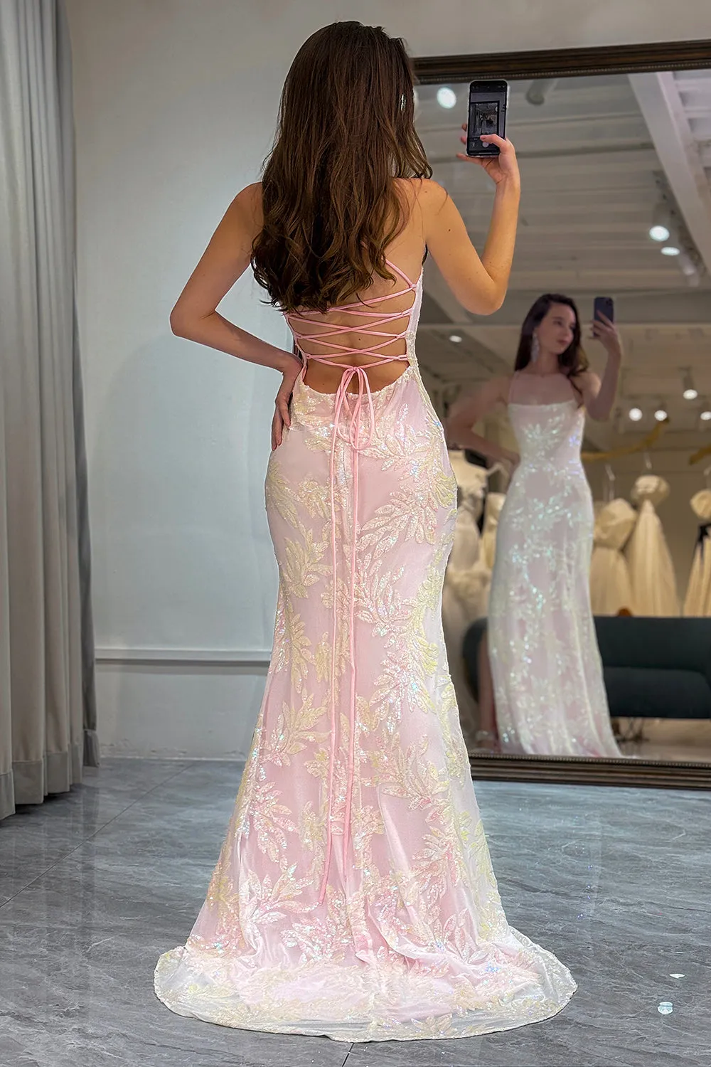 Sparkly Pink Mermaid Spaghetti Straps Long Prom Dress with Slit sold by Wedtrend product image thumbnail 2