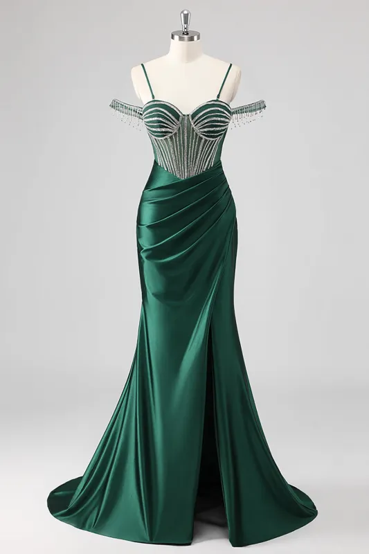 Glitter Dark Green Mermaid Off The Shoulder Beaded Long Prom Dress with Slit sold by Wedtrend