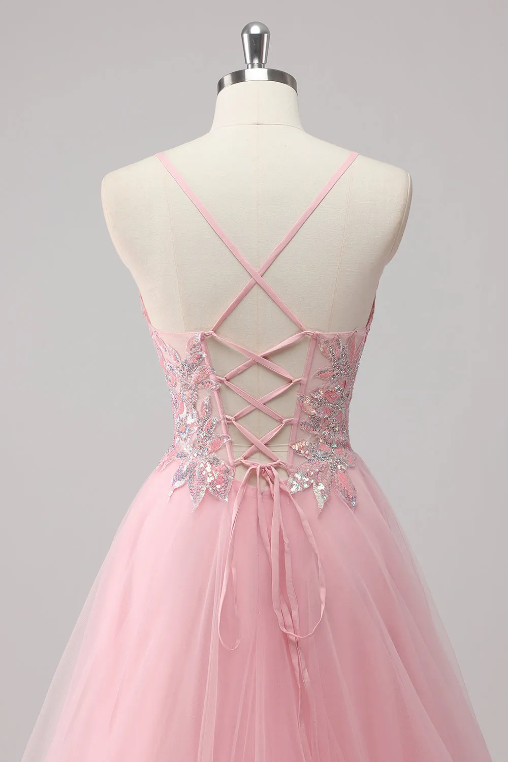 Sparkly A Line Spaghetti Straps Tulle Beaded Long Pink Prom Dress sold by Wedtrend product image thumbnail 5