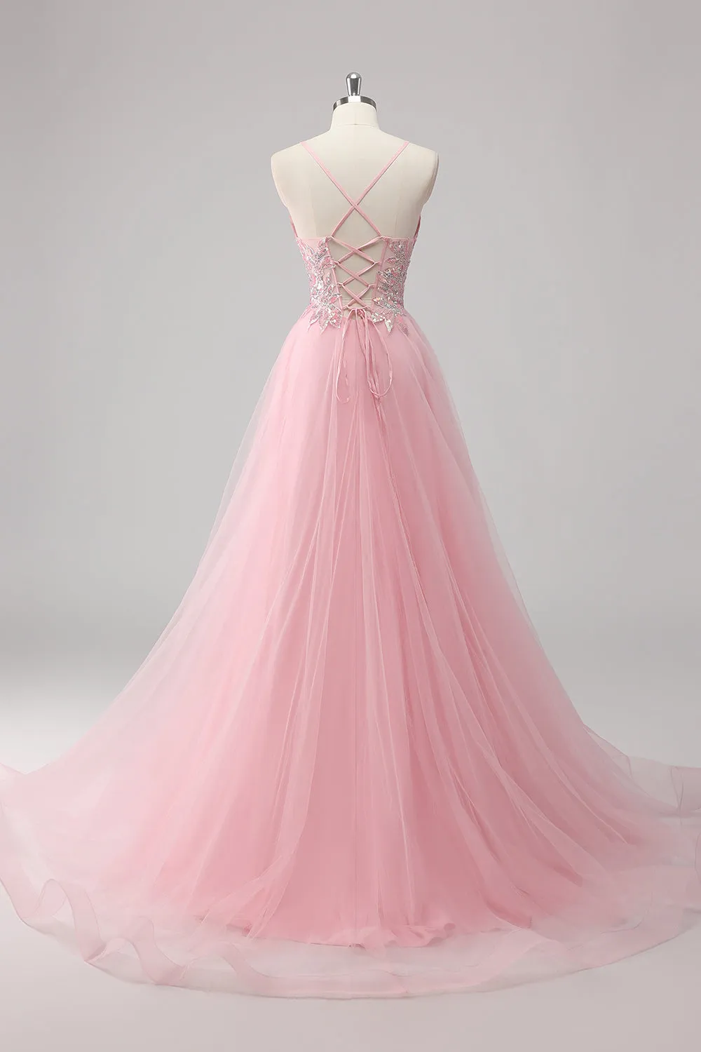 Sparkly A Line Spaghetti Straps Tulle Beaded Long Pink Prom Dress sold by Wedtrend product image thumbnail 2