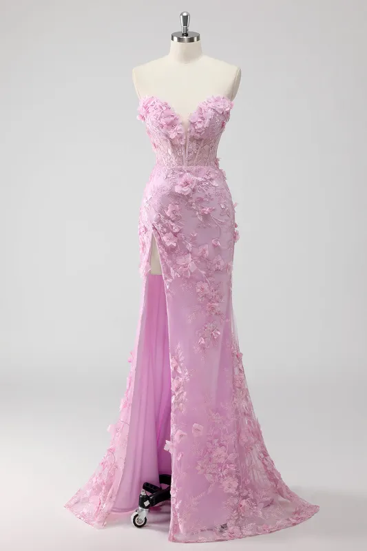 Lilac Mermaid Strapless Corset Appliqued Long Prom Dress with Slit made by Wedtrend