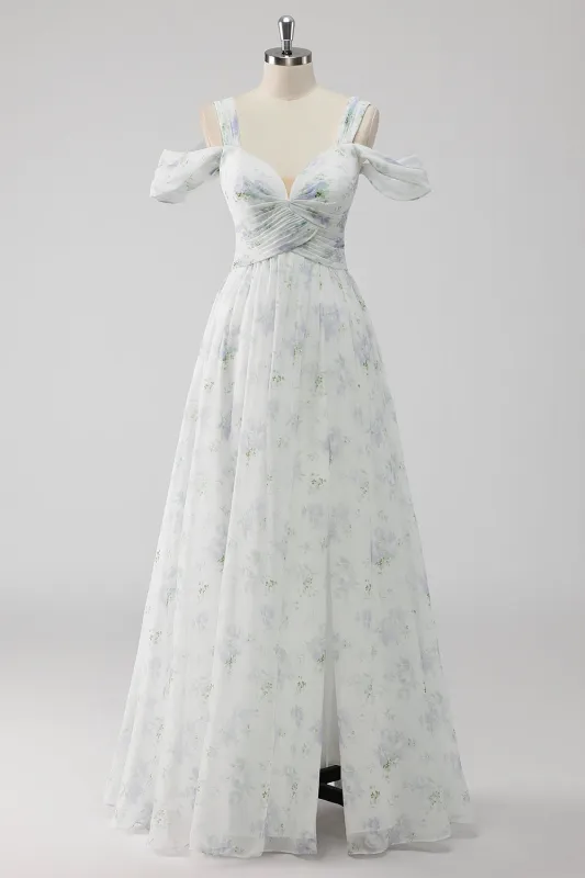 White Cold Shoulder A Line Floral Ruched Wedding Guest Dress with Side Slit made by Wedtrend