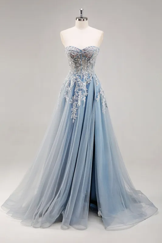 Dusty Blue A Line Strapless Corset Beaded Long Prom Dress with Slit sold by Wedtrend