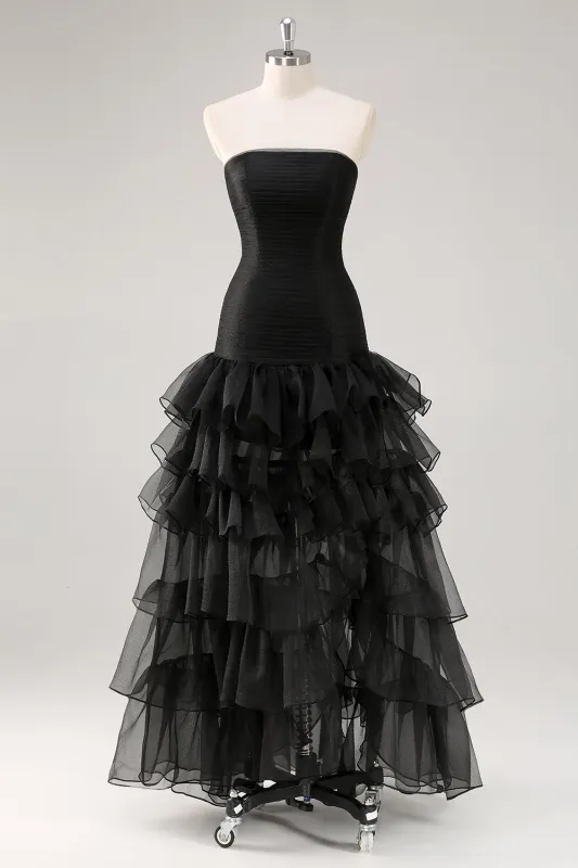 Black Tulle Strapless Tiered Formal Dress with Ruffles made by Wedtrend