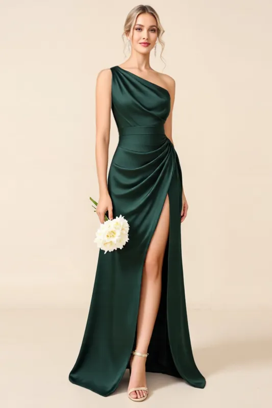 Pine Sheath One Shoulder Ruched Long Bridesmaid Dress with Slit sold by Wedtrend