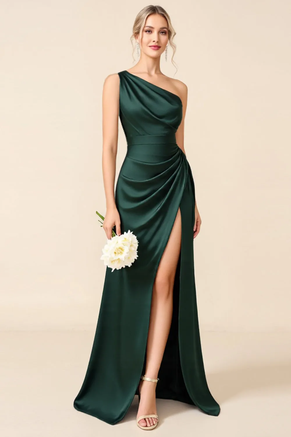 Pine Sheath One Shoulder Ruched Long Bridesmaid Dress with Slit sold by Wedtrend