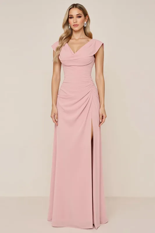 Candy Pink A Line Cowl Neck Long Bridesmaid Dress with Slit made by Wedtrend