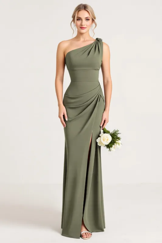 Olive One Shoulder Ruched Sheath Bridesmaid Dress with Slit made by Wedtrend