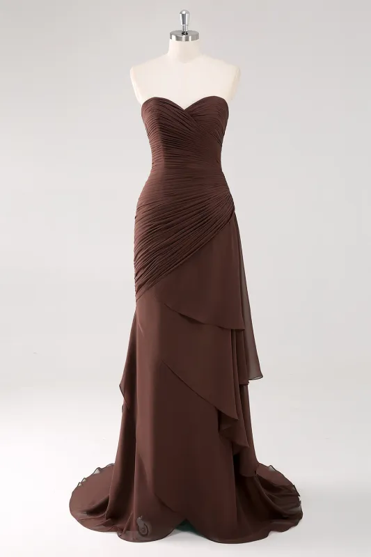 Dark Brown A-Line Sweetheart Ruched Ruffled Long Formal Dress with Slit made by Wedtrend