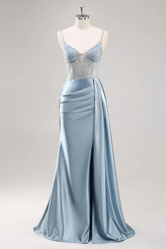 Dusty Blue Mermaid Pleated Sheer Corset Satin Streamer Long Prom Dress With Slit made by Wedtrend