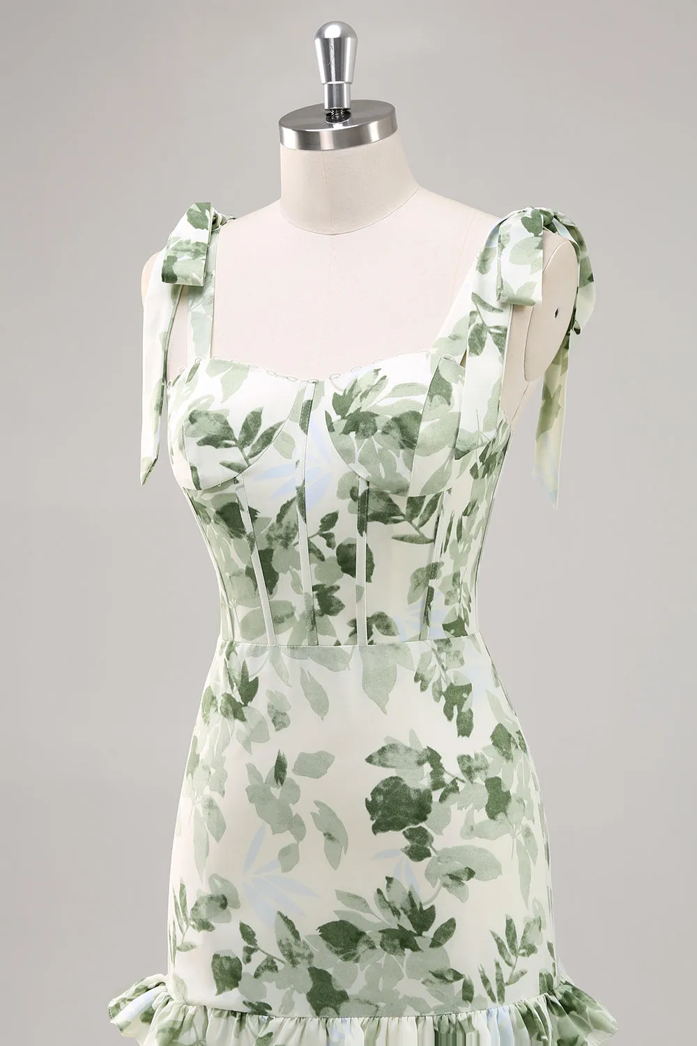 Green A-Line Bow Shoulder Strap Printed Long Floral Dress with Slit sold by Wedtrend product image thumbnail 5
