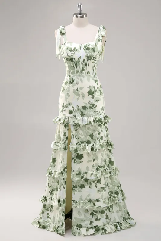 Green A-Line Bow Shoulder Strap Printed Long Floral Dress with Slit sold by Wedtrend