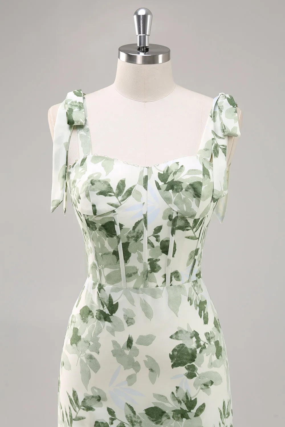 Green A-Line Bow Shoulder Strap Printed Long Floral Dress with Slit sold by Wedtrend product image thumbnail 4