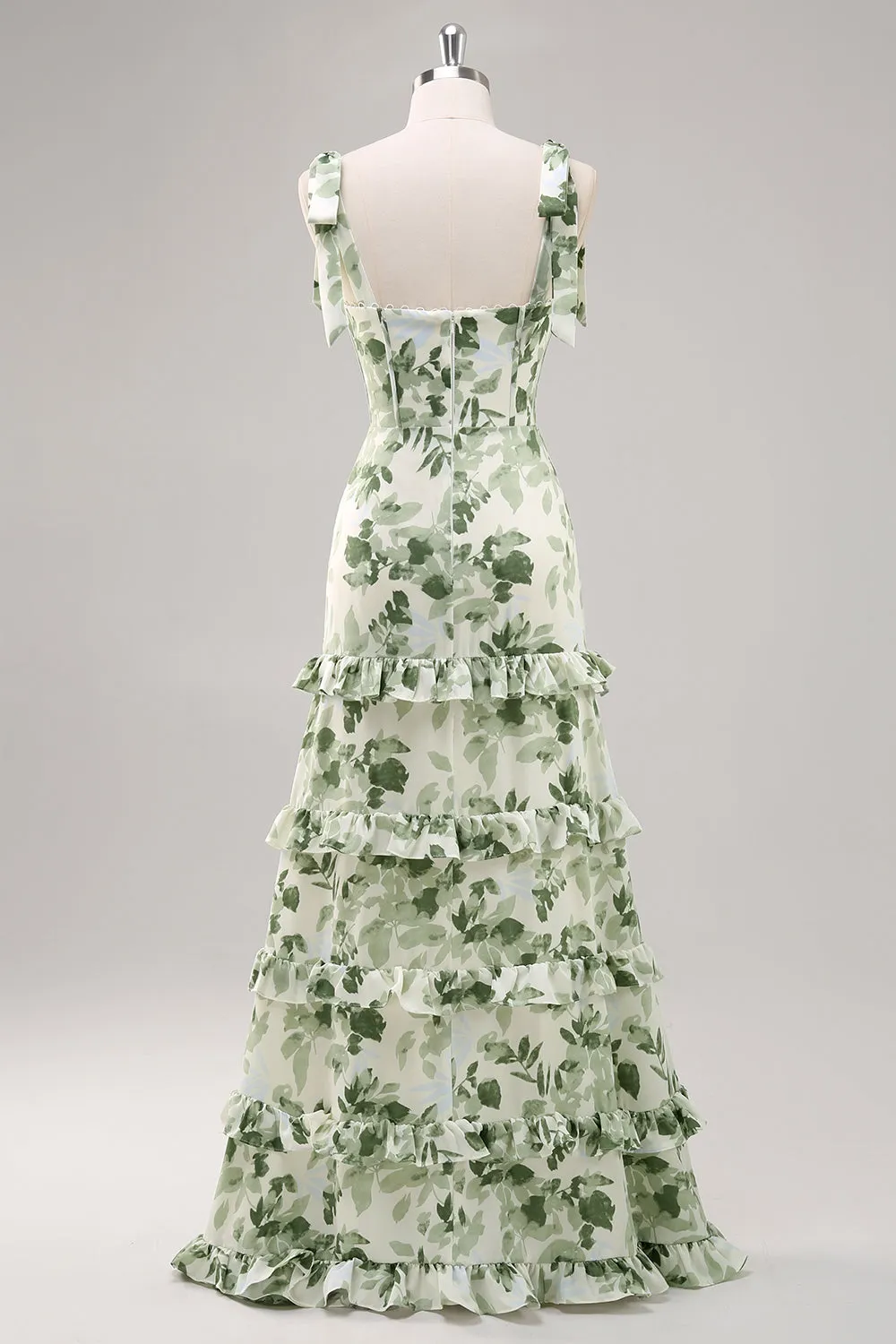 Green A-Line Bow Shoulder Strap Printed Long Floral Dress with Slit sold by Wedtrend product image thumbnail 2