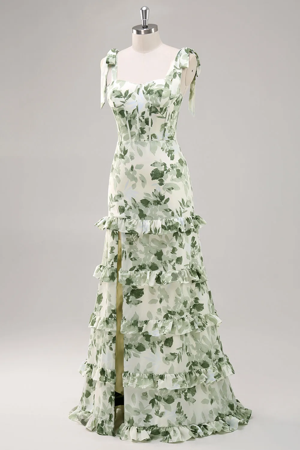 Green A-Line Bow Shoulder Strap Printed Long Floral Dress with Slit sold by Wedtrend product image thumbnail 3