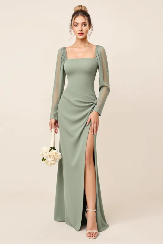 Eucalyptus Sheath Square Neck Long Sleeves Long Bridesmaid Dress made by Wedtrend