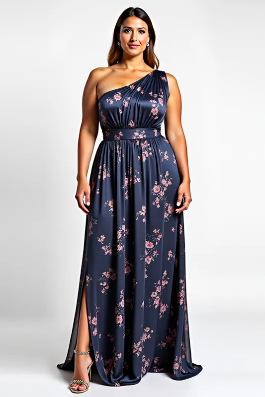 Navy One Shoulder A Line Printed Wedding Guest Dress with Slit made by Wedtrend