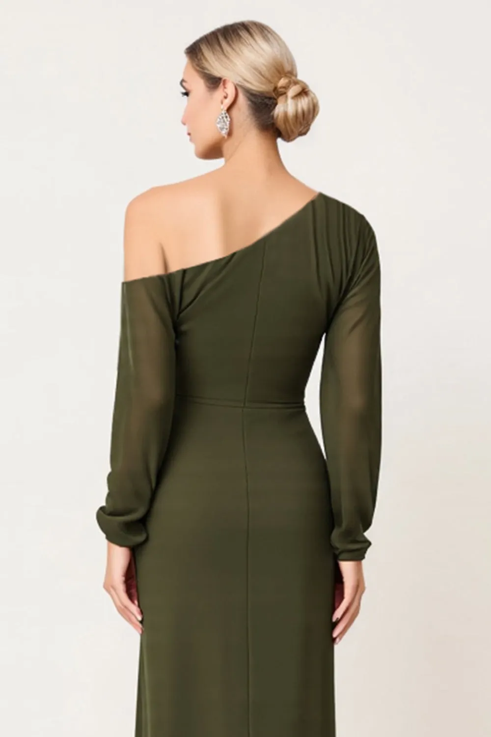 Elegant Sheath One Shoulder Olive Ruched Bridesmaid Dress with Slit sold by Wedtrend product image thumbnail 4