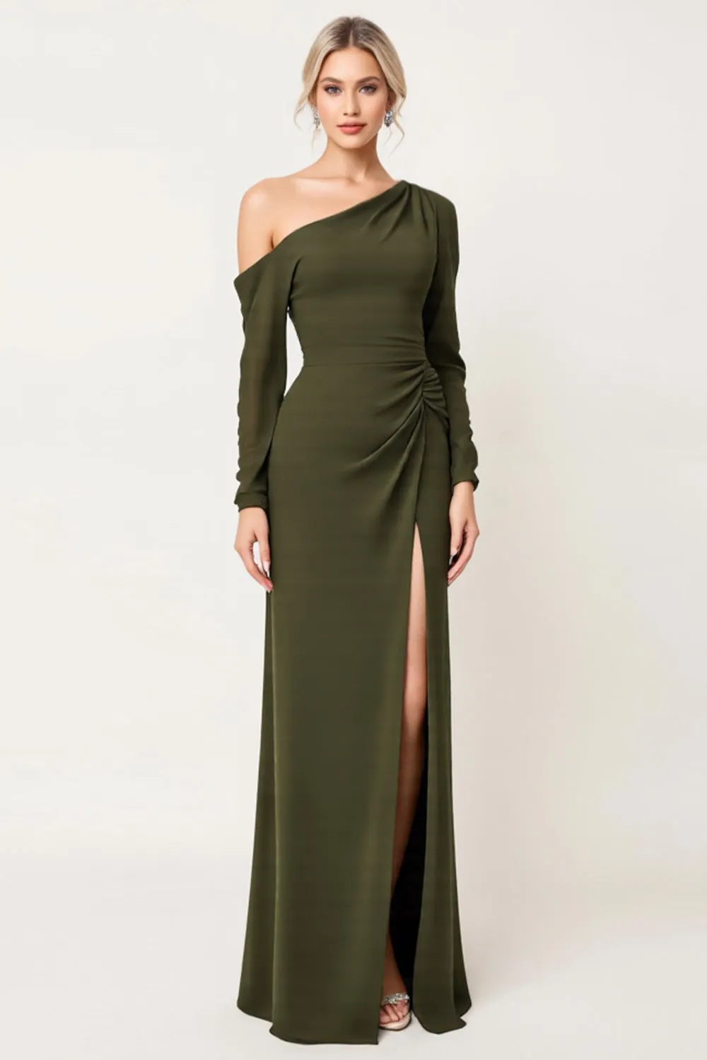 Elegant Sheath One Shoulder Olive Ruched Bridesmaid Dress with Slit sold by Wedtrend