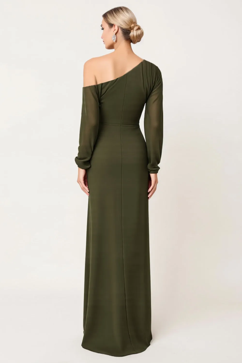 Elegant Sheath One Shoulder Olive Ruched Bridesmaid Dress with Slit sold by Wedtrend product image thumbnail 2