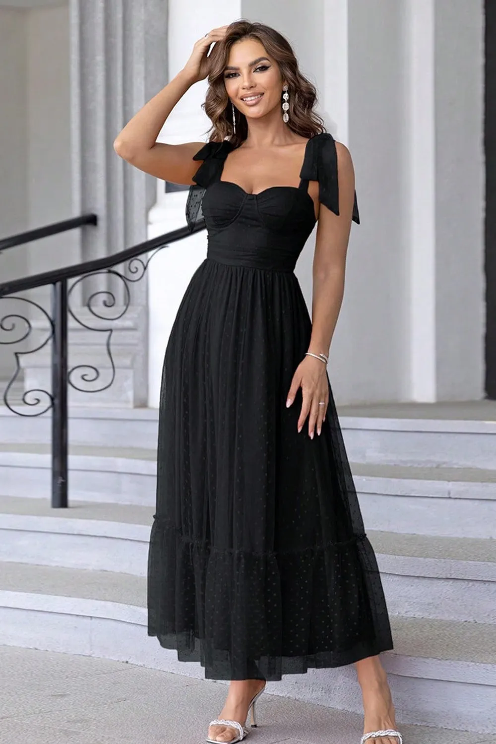 Black A Line Bow Spaghetti Straps Pleated Long Wedding Guest Dress sold by Wedtrend product image thumbnail 4