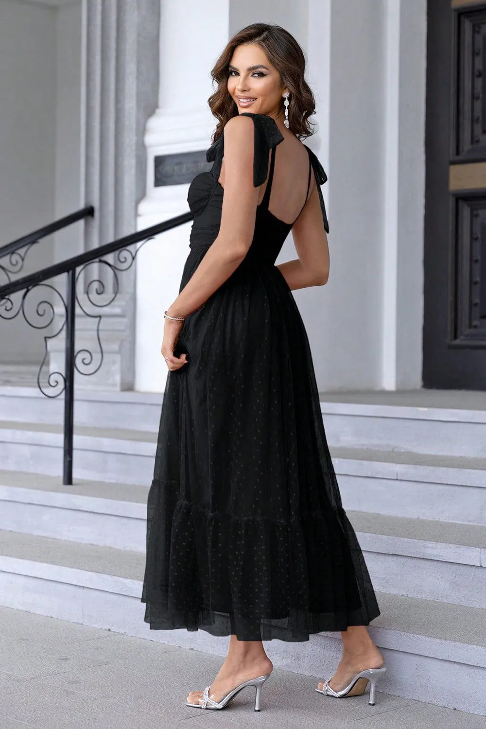 Black A Line Bow Spaghetti Straps Pleated Long Wedding Guest Dress sold by Wedtrend product image thumbnail 2