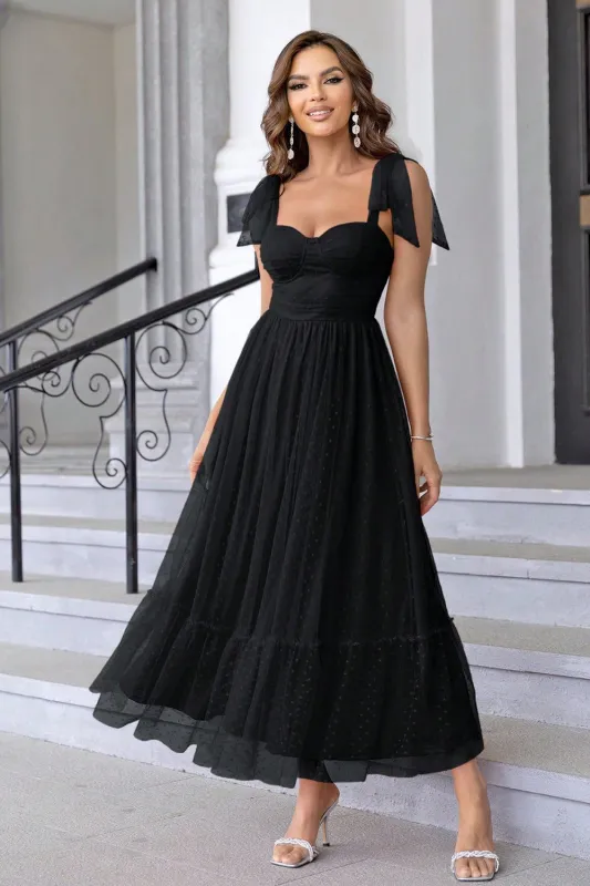 Black A Line Bow Spaghetti Straps Pleated Long Wedding Guest Dress made by Wedtrend