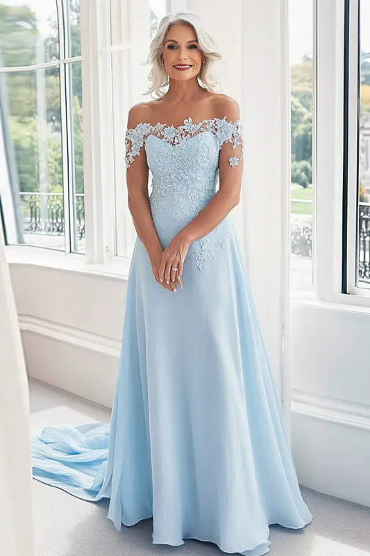 Sky Blue A Line Off The Shoulder Mother of the Bride Dress with Lace Appliques sold by Wedtrend